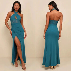 Lulu's Never-Ending Glamour Teal Mesh Cross-Front Halter Maxi Dress Wedding